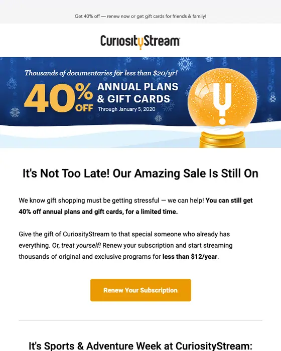 CuriosityStream seasonal email