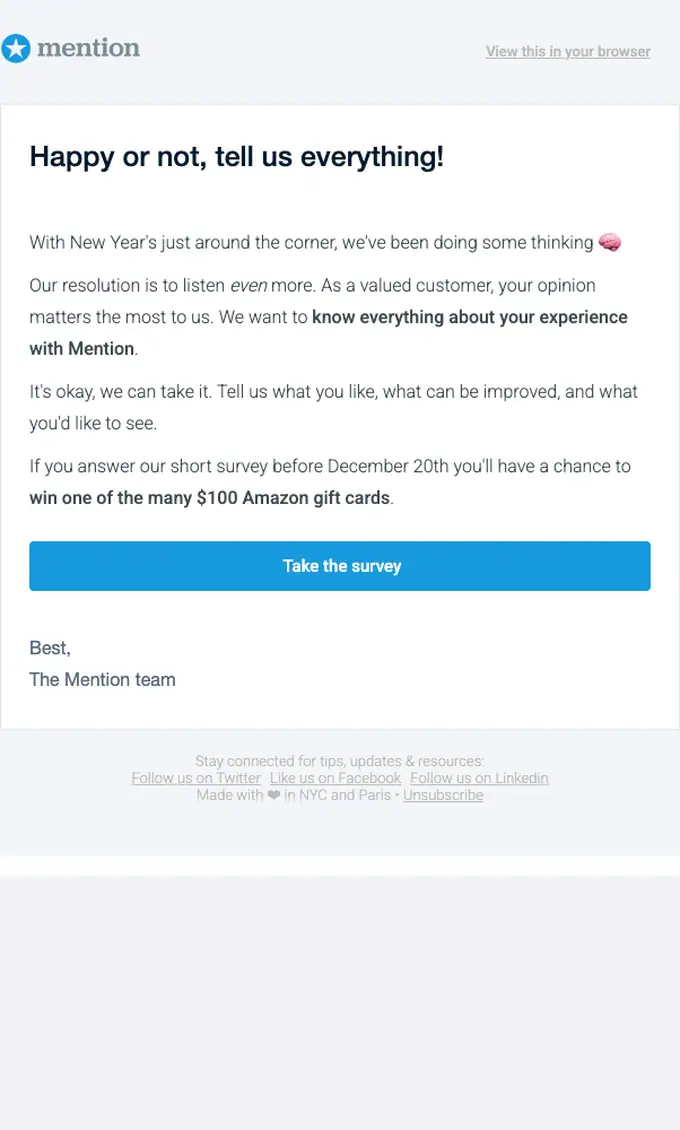 Mention survey email, full length