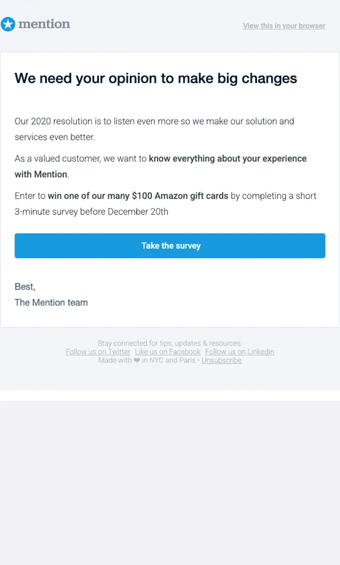 Mention survey email, full length