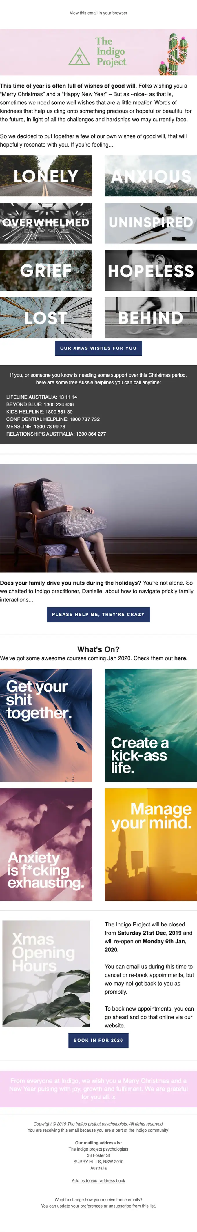 The Indigo Project seasonal email, full length