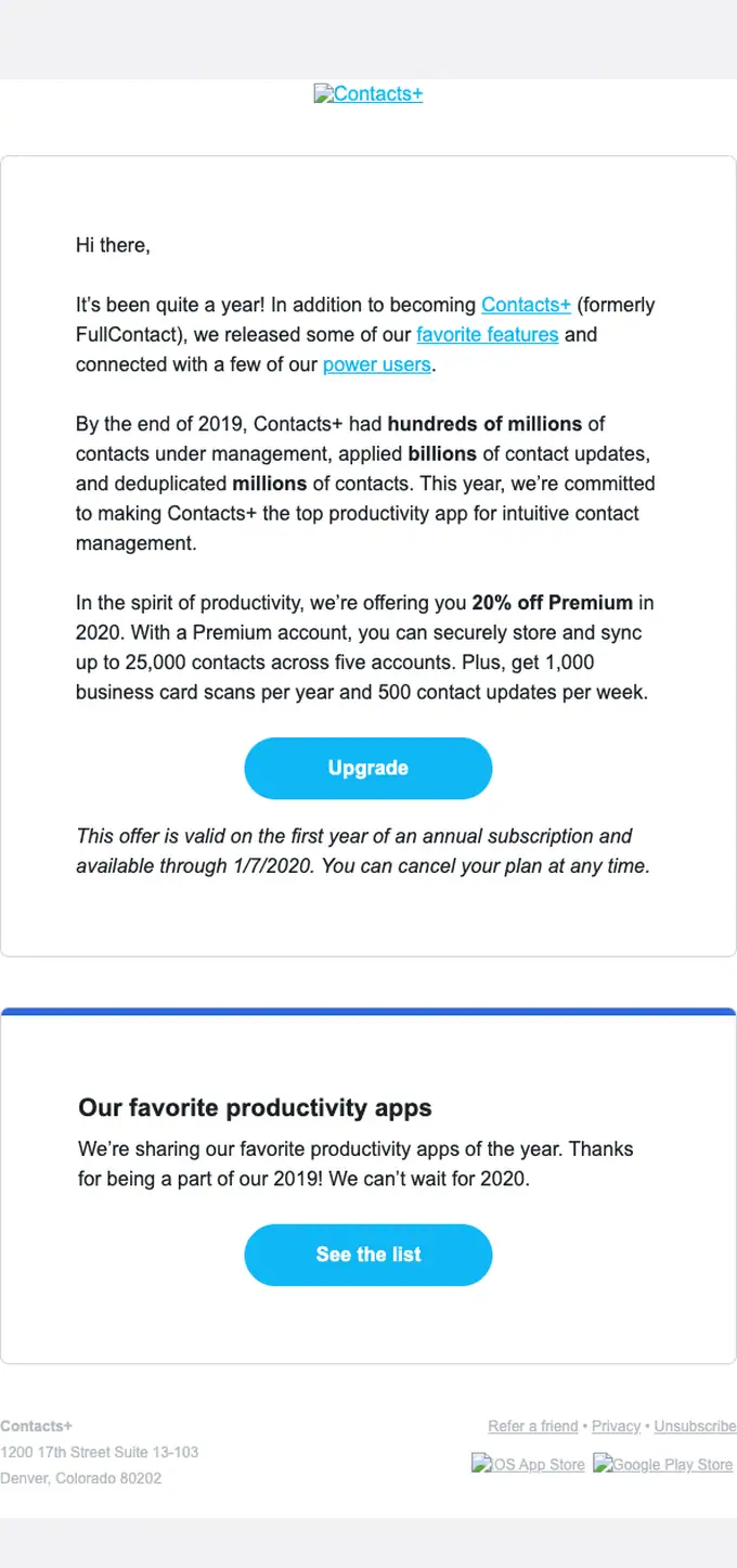 Contacts+ seasonal email, full length