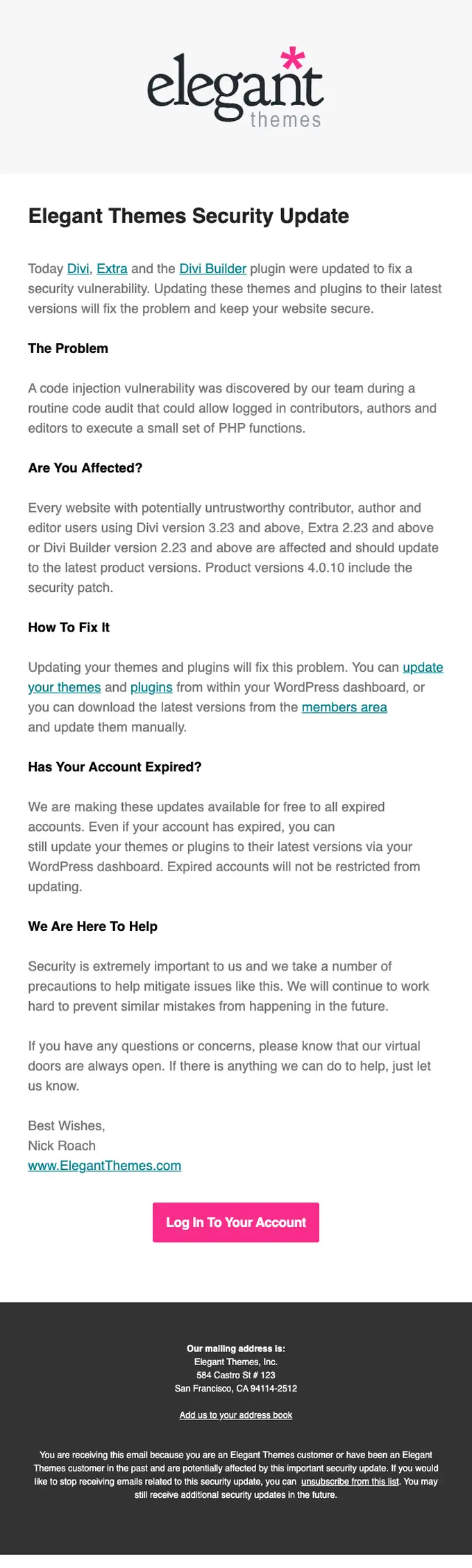 Elegant Themes security alert email, full length