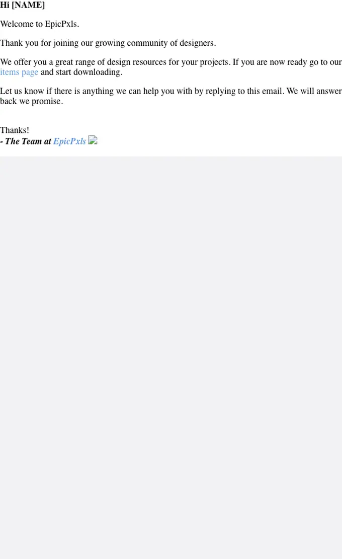 EpicPxls welcome email, full length