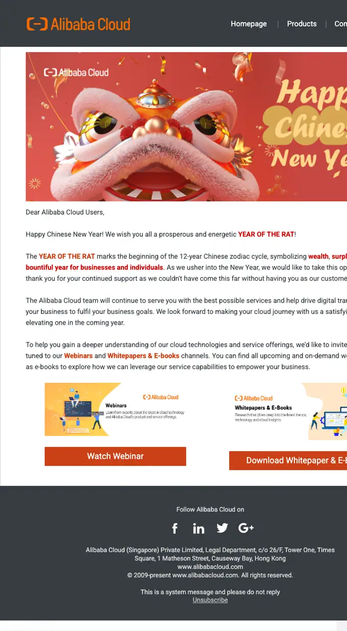 Alibaba Cloud seasonal email, full length