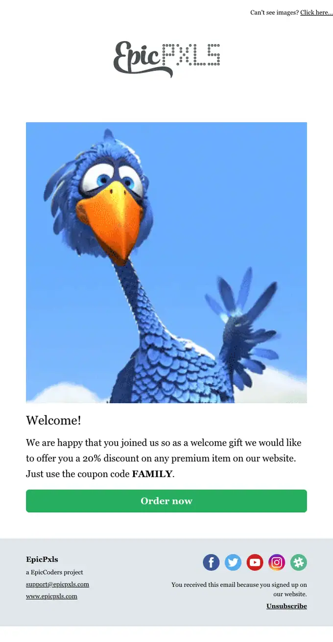 EpicPxls welcome email, full length