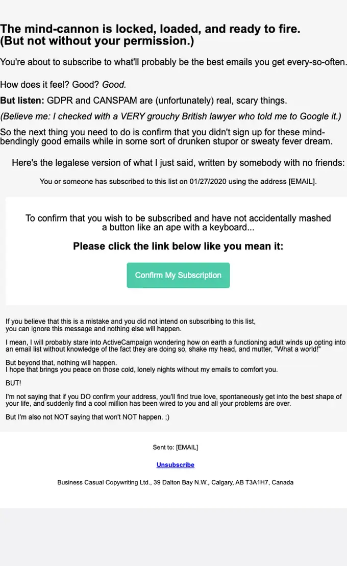Business Casual Copywriting double opt in email, full length