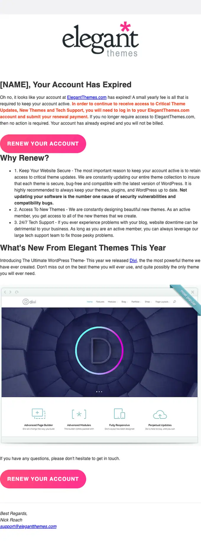 Elegant Themes expiration notice email, full length