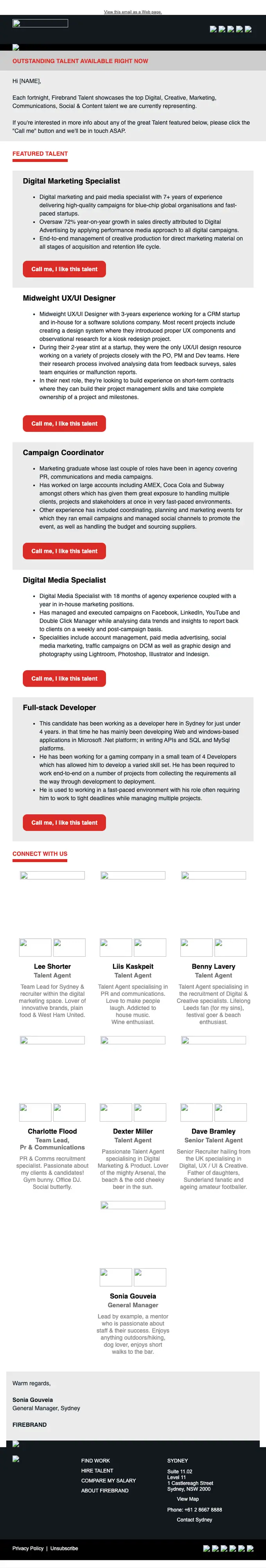 Firebrand Talent job alert email, full length