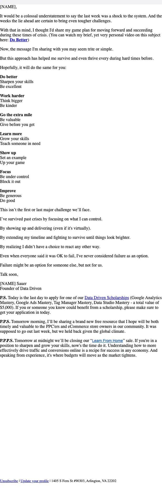 Data Driven U newsletter email, full length