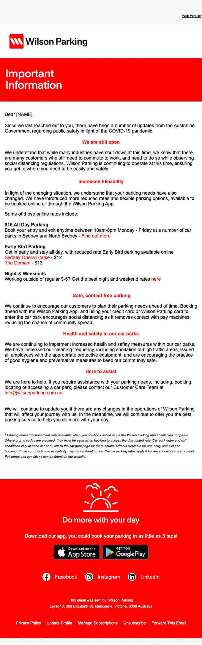 Wilson Parking Australia account notice email, full length