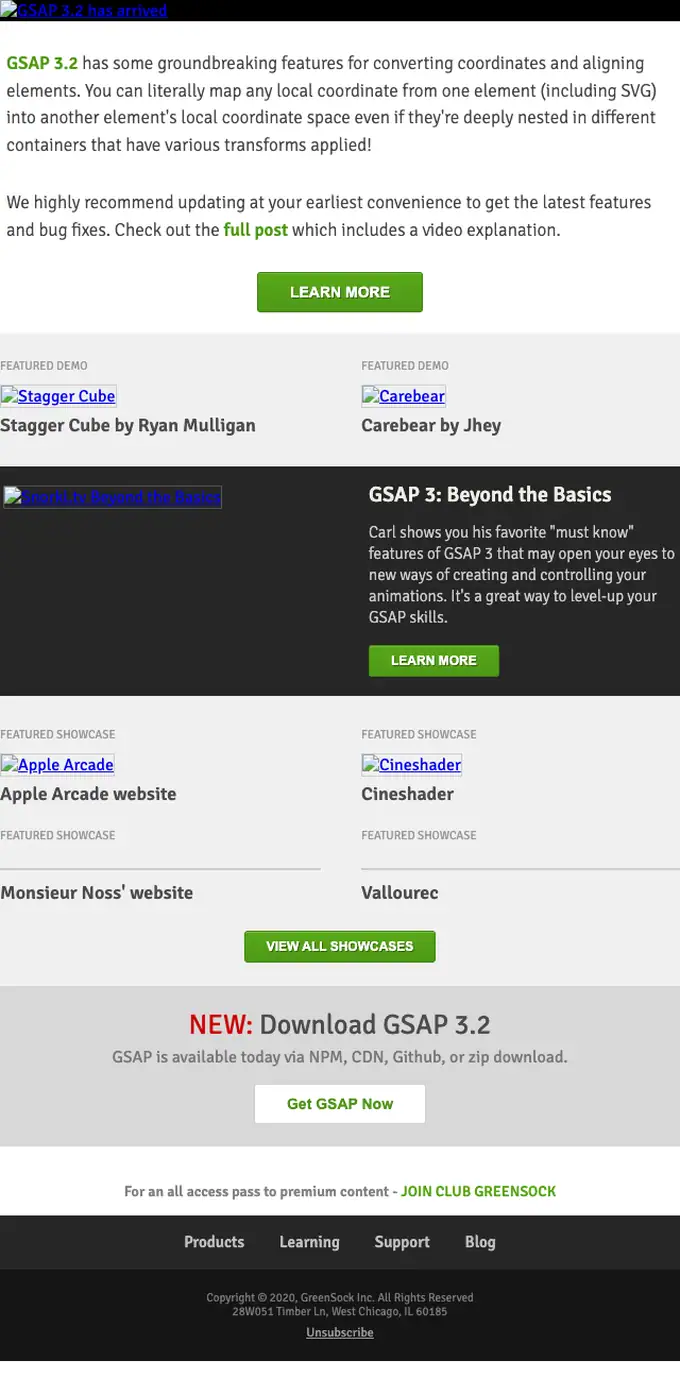 GreenSock newsletter email, full length