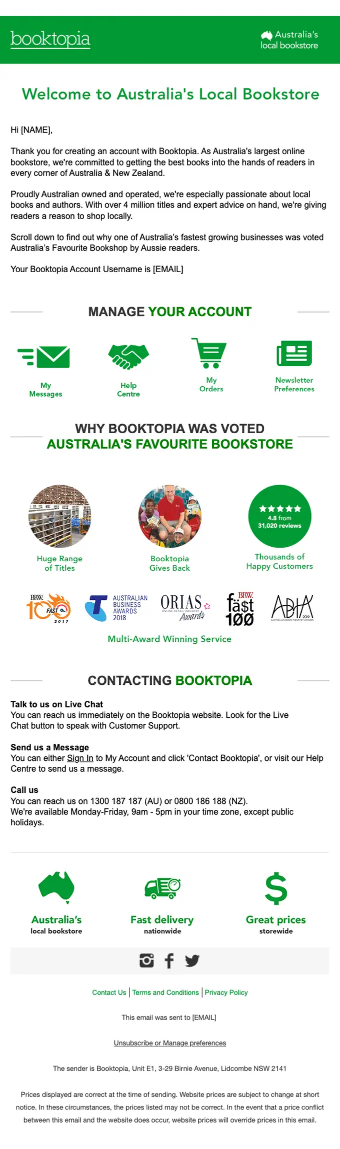 Booktopia welcome email, full length