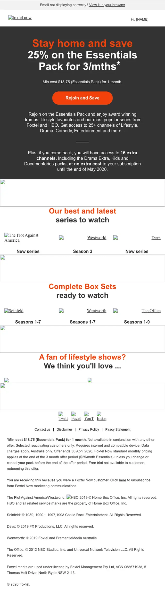 Foxtel Now re engagement email, full length