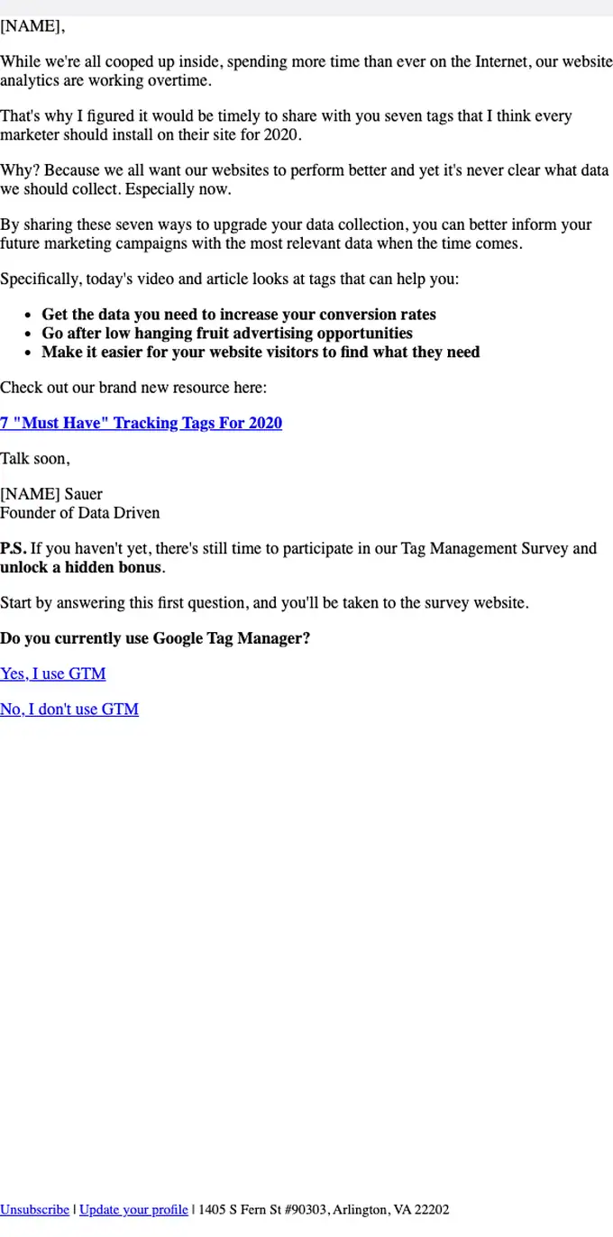 Data Driven newsletter email, full length