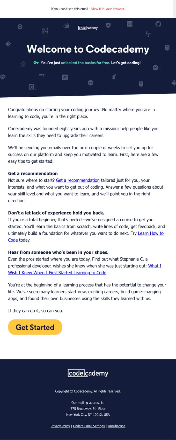 Codecademy welcome email, full length