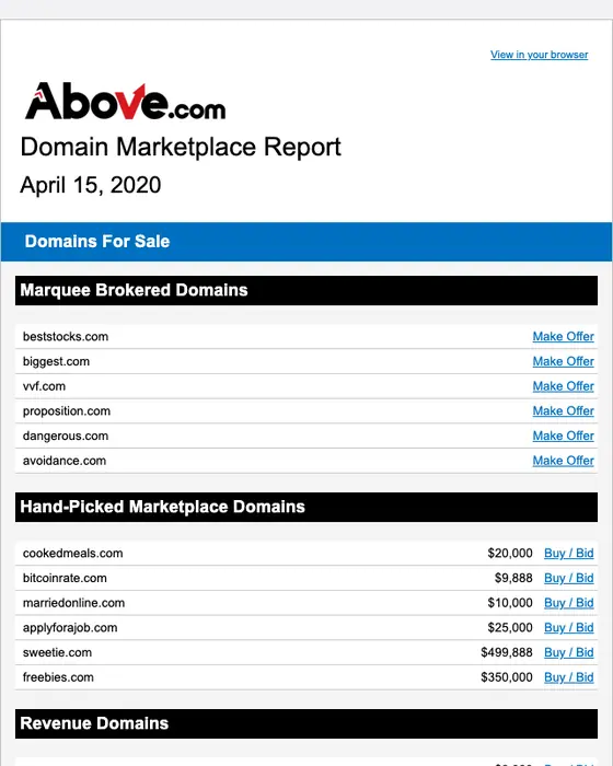 Above.com newsletter email
