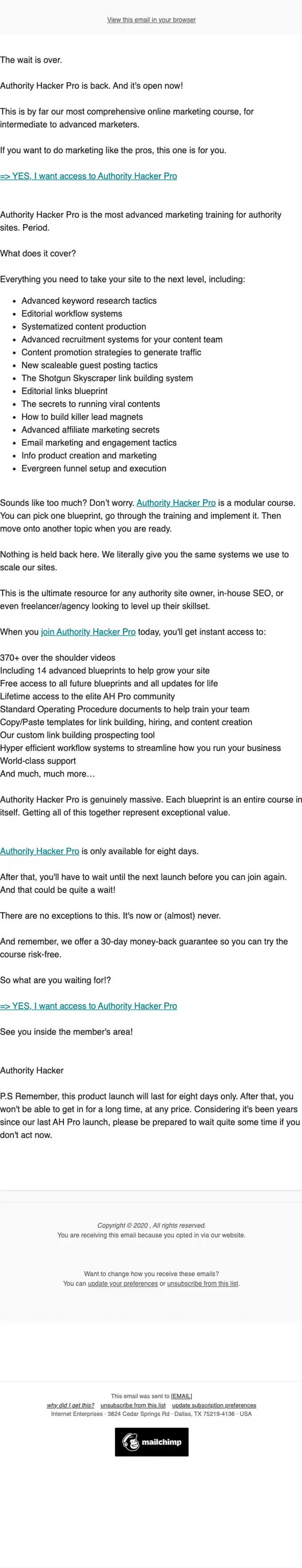 Authority Hacker product launch email, full length