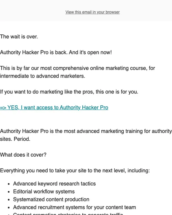 Authority Hacker product launch email