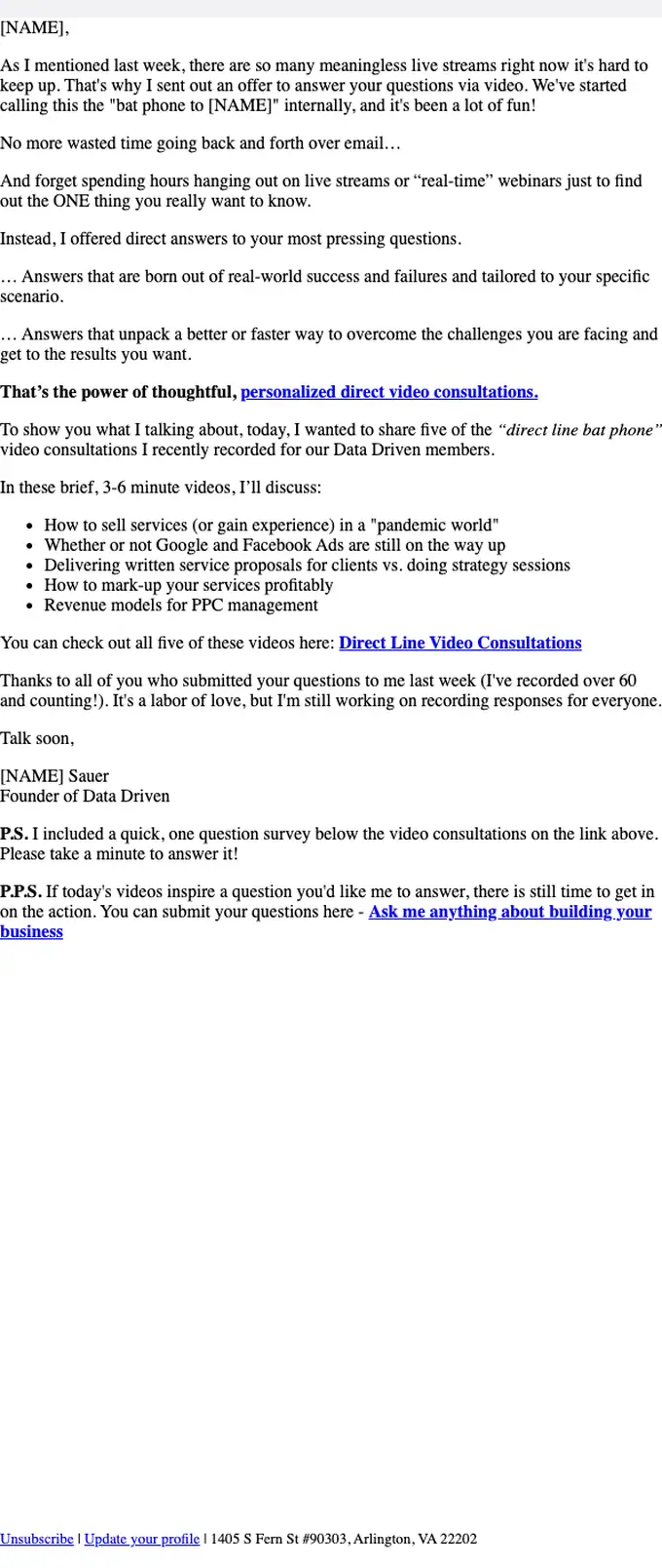 Data Driven U newsletter email, full length