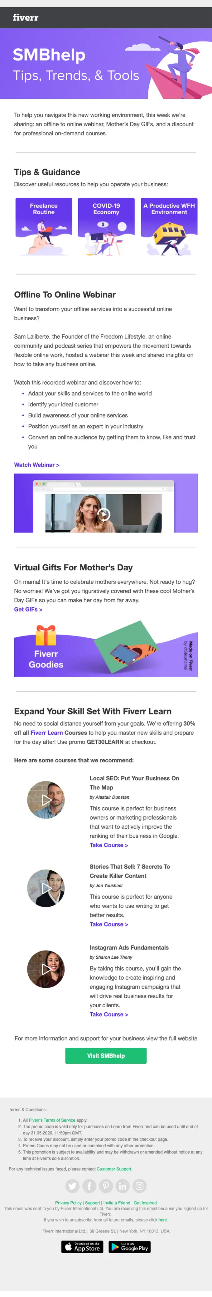 Fiverr newsletter email, full length