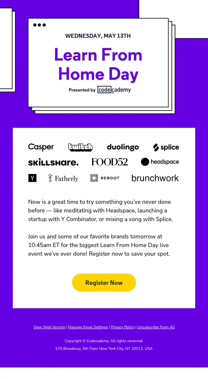 Codecademy event invite email, full length