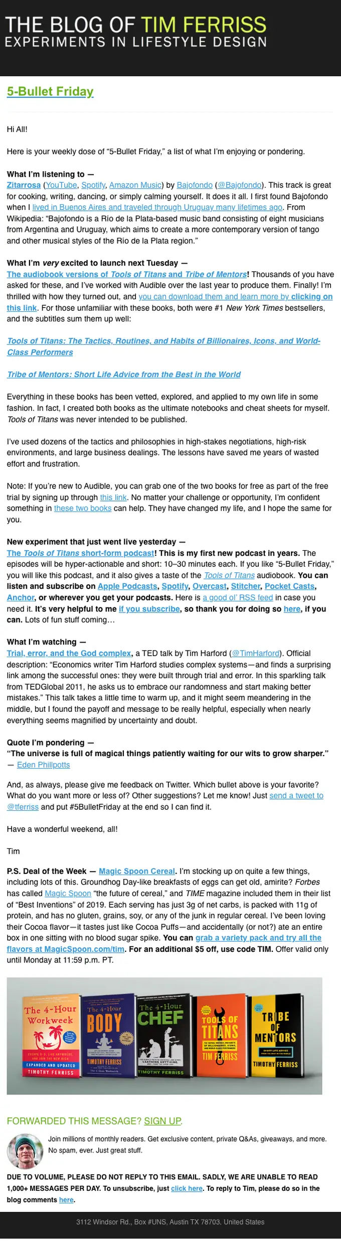 Tim Ferriss newsletter email, full length