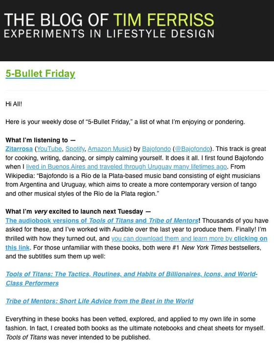 Tim Ferriss newsletter email