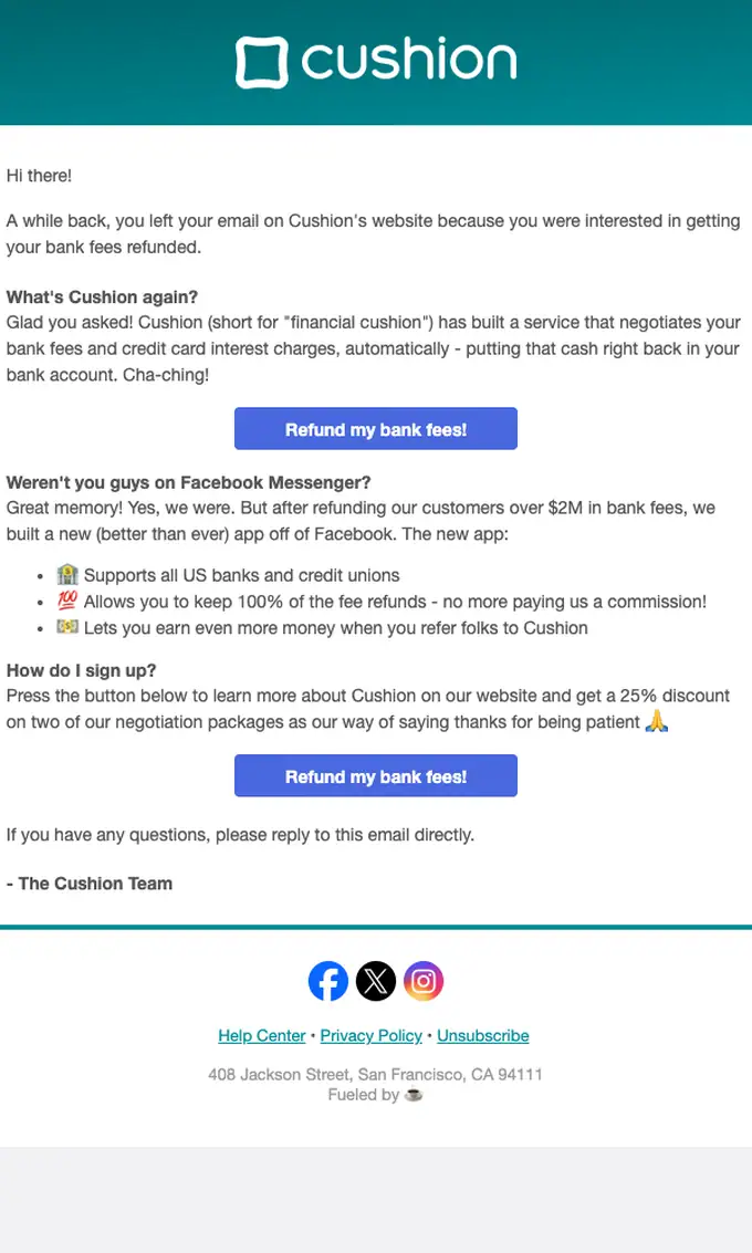 Cushion event invite email, full length