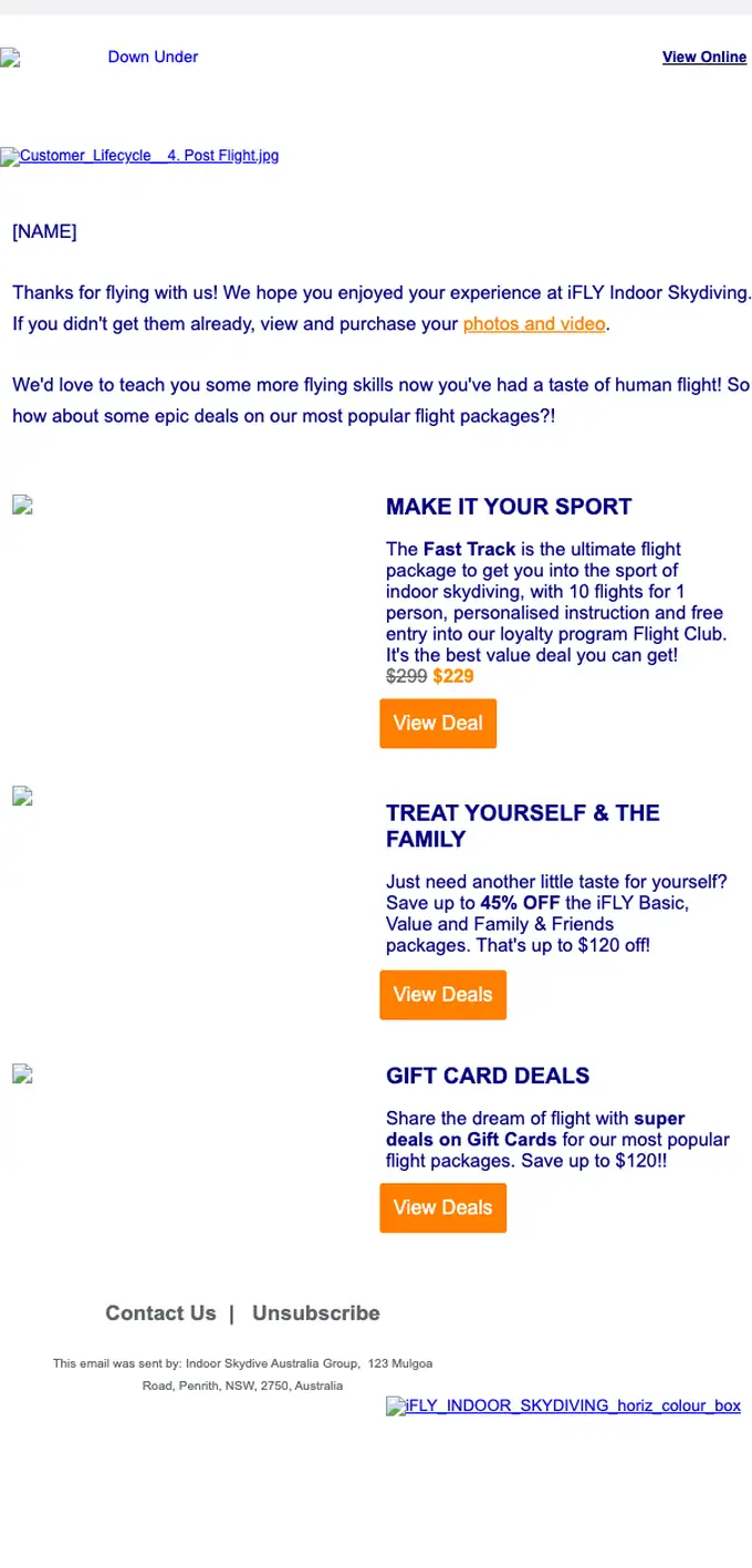 iFLY Indoor Skydiving thank you email, full length