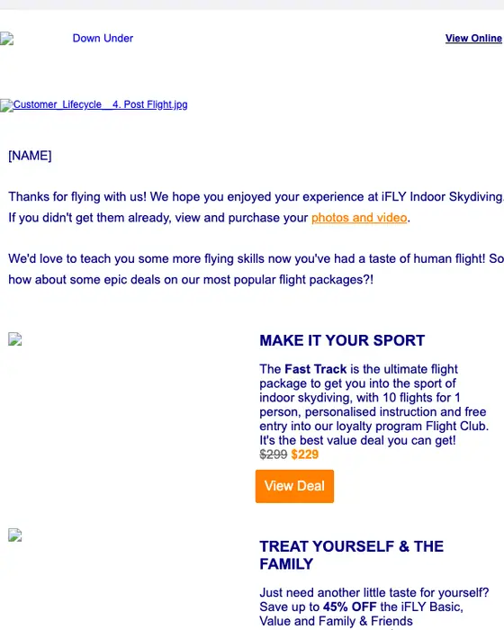 iFLY Indoor Skydiving thank you email