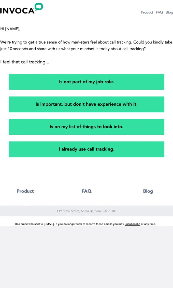 Invoca survey email, full length