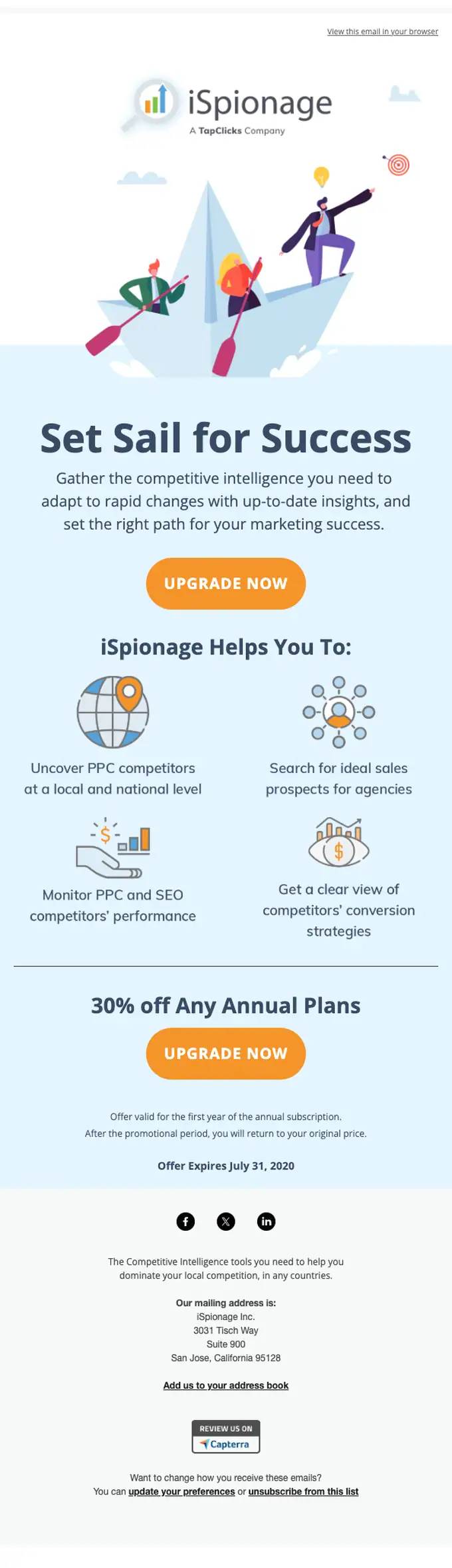 iSpionage discount offer email, full length