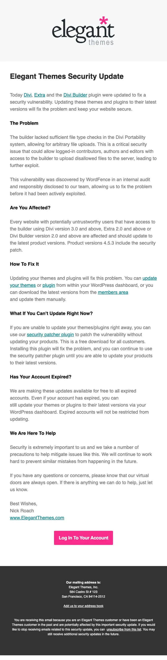 Elegant Themes security alert email, full length