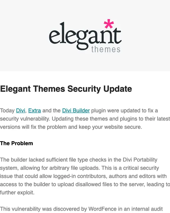 Elegant Themes security alert email