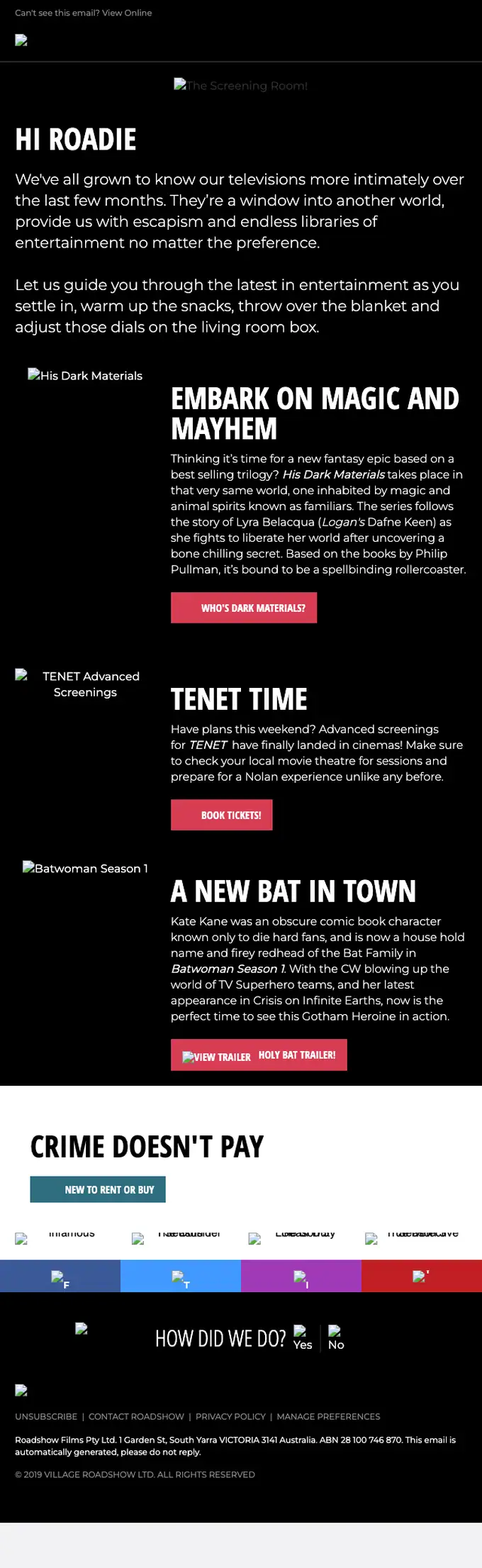 Roadshow newsletter email, full length