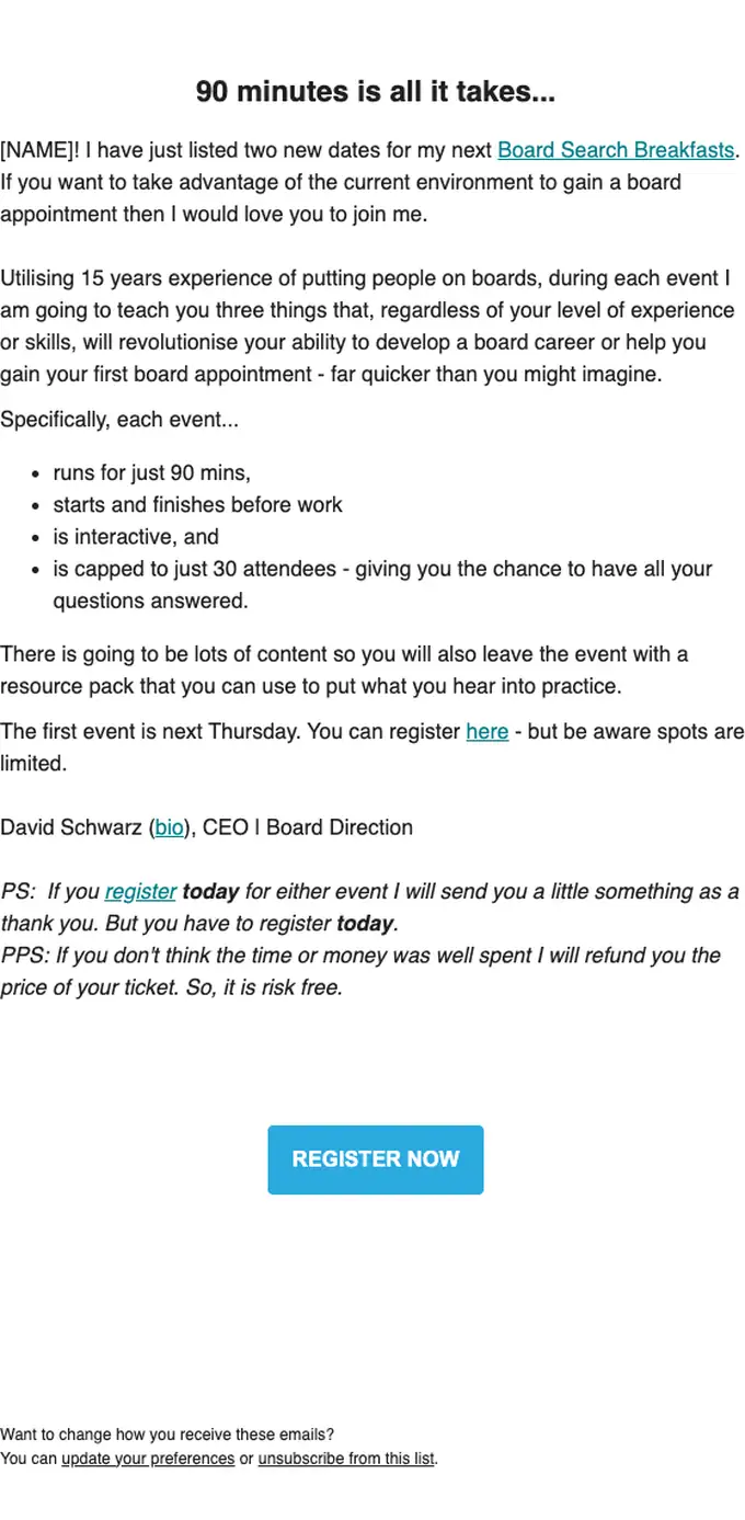 Board Direction event invite email, full length