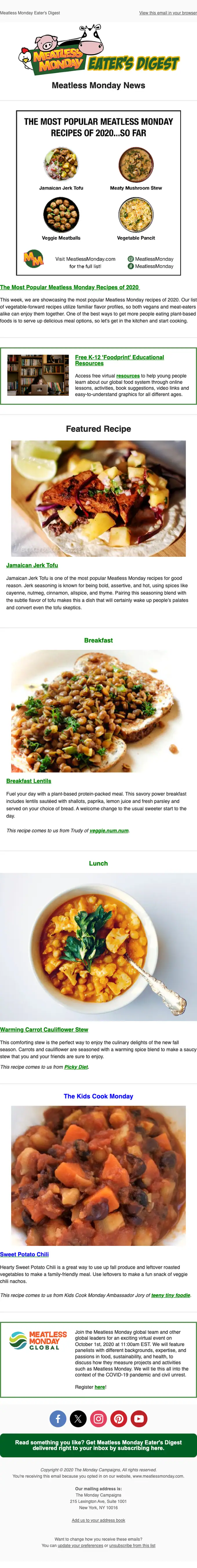 Meatless Monday newsletter email, full length