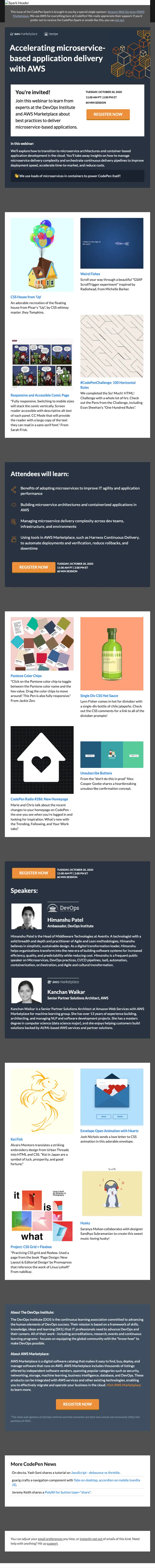 CodePen newsletter email, full length