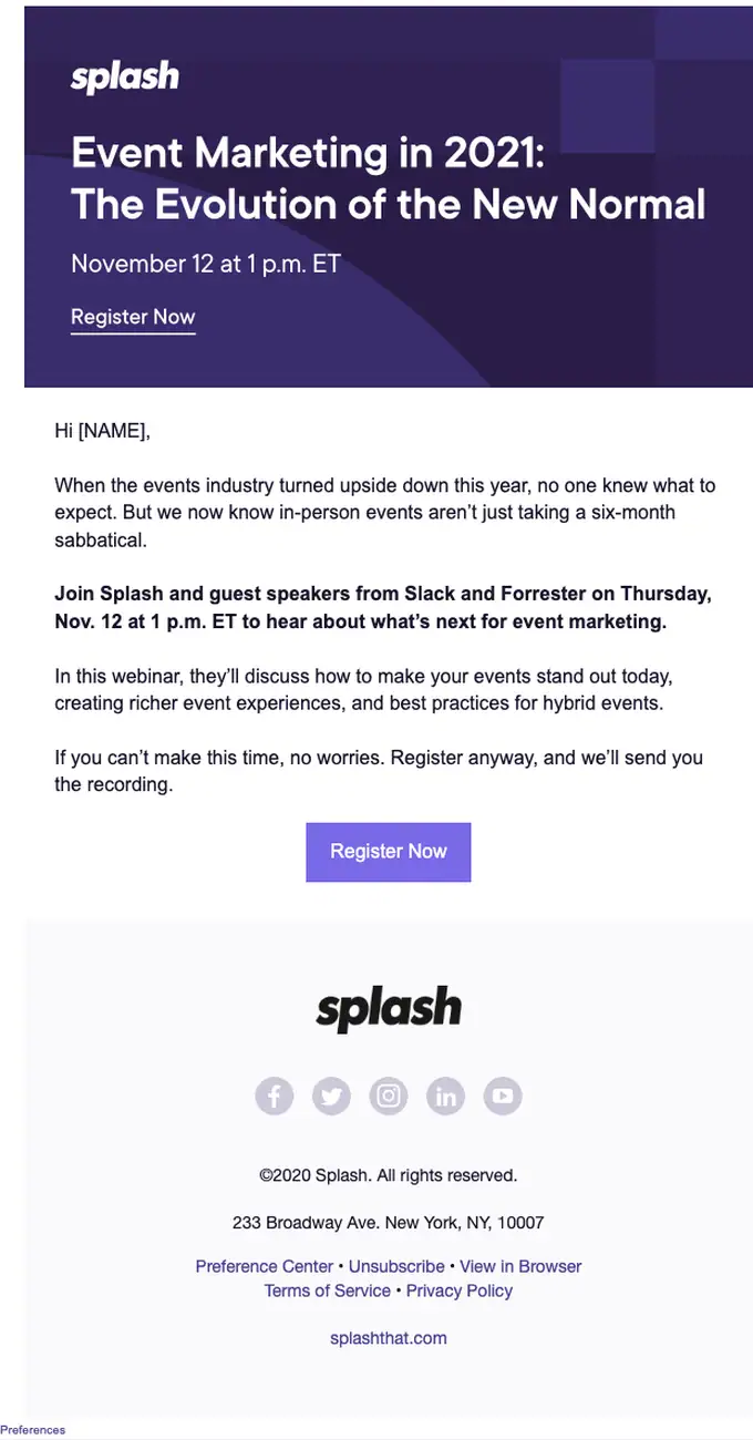 Splash webinar email, full length