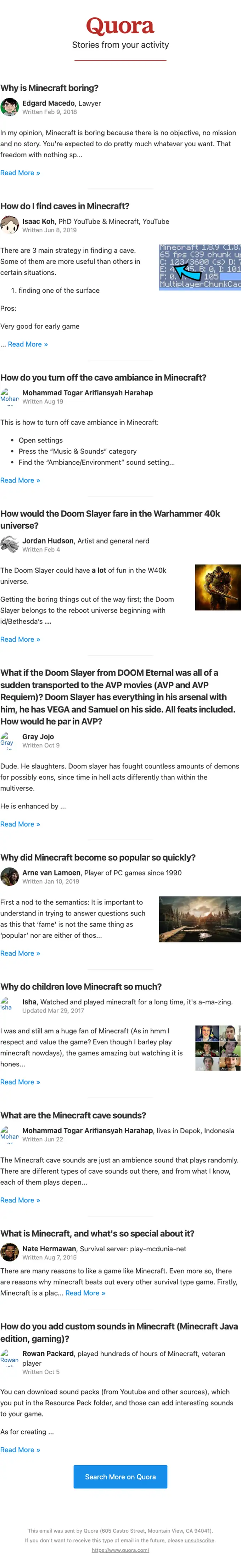 Quora digest email, full length