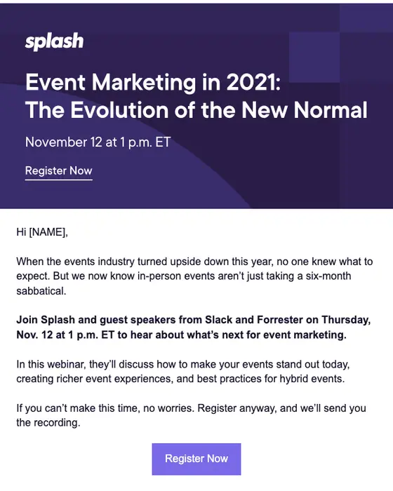 Splash event invite email