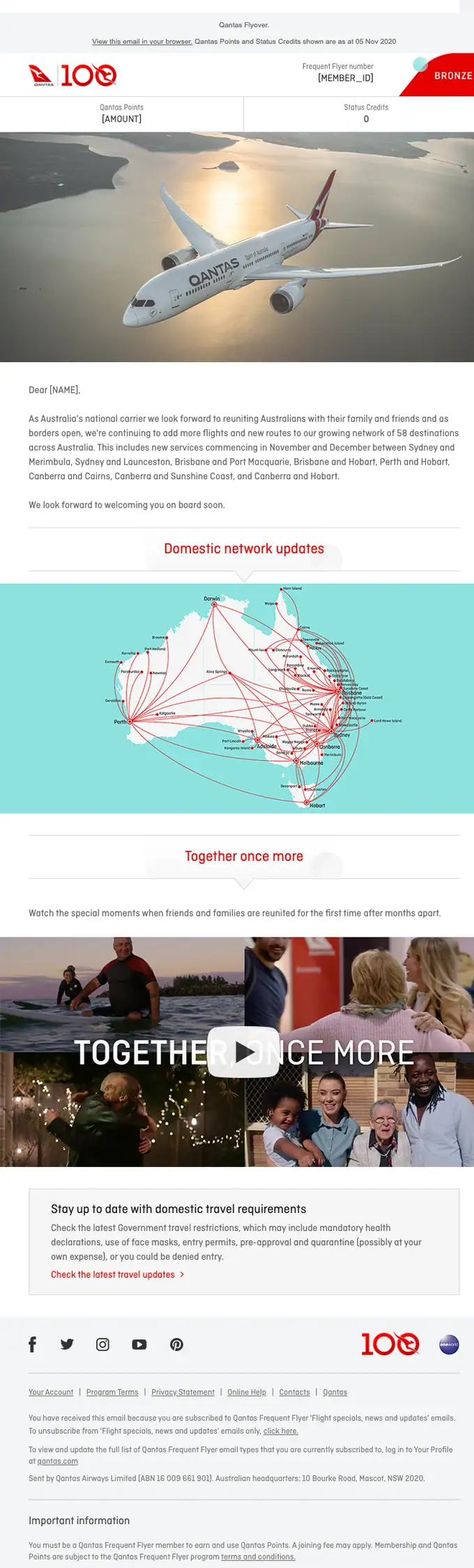 Qantas Frequent Flyer account notice email, full length