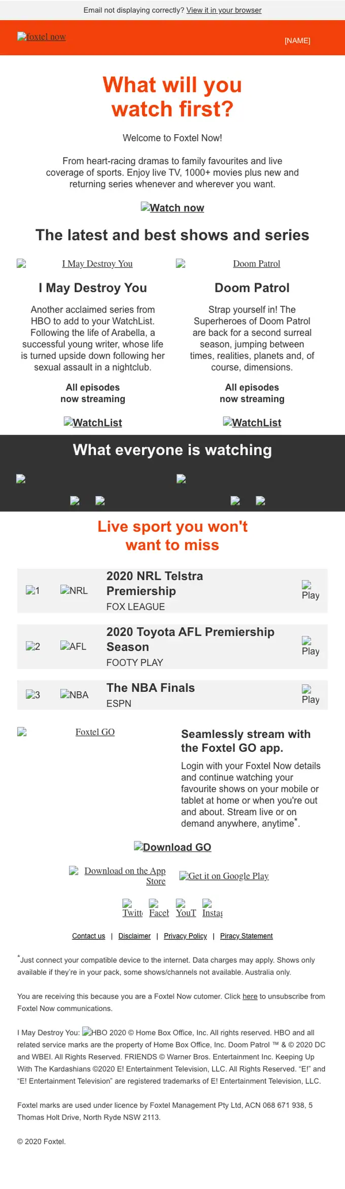 Foxtel Now welcome email, full length