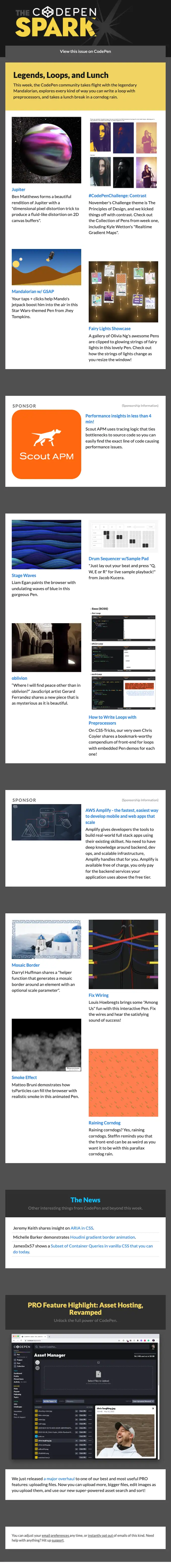 CodePen newsletter email, full length