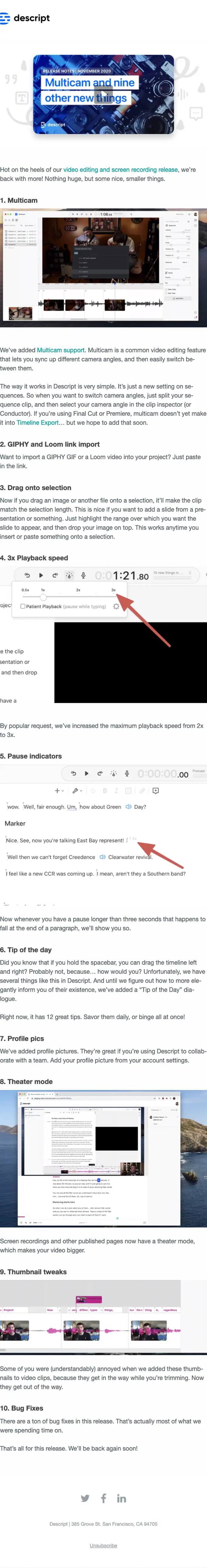 Descript product launch email, full length