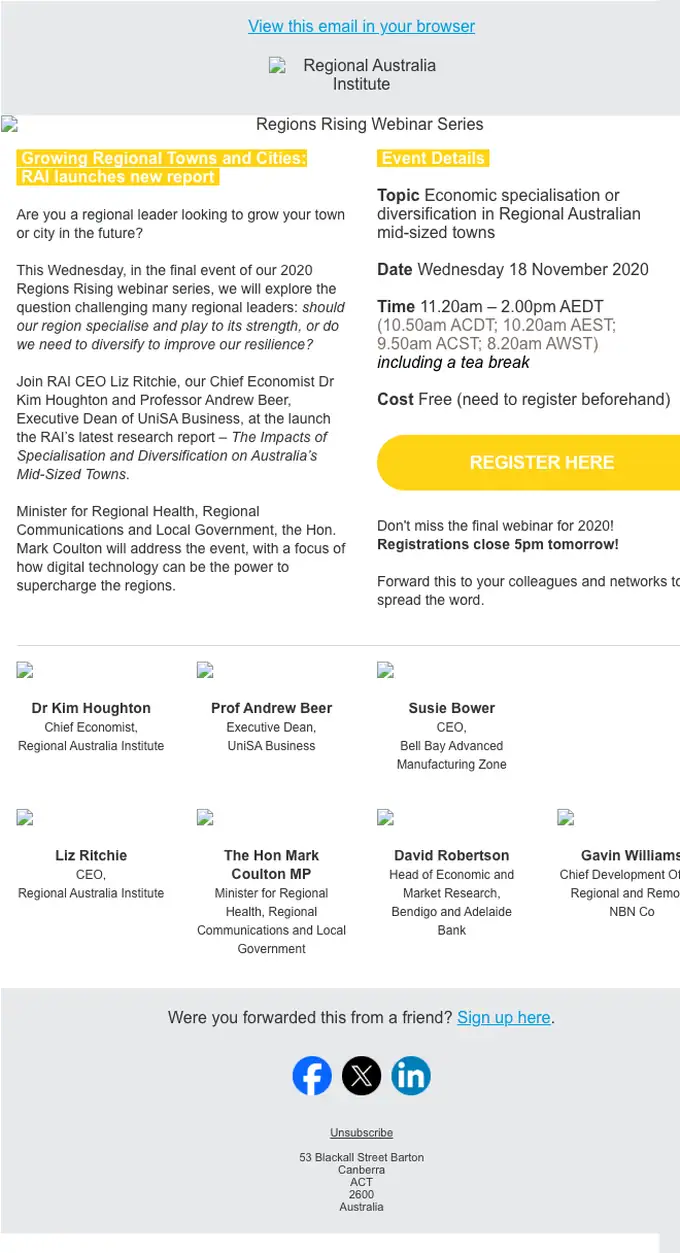 Regional Australia Institute event invite email, full length