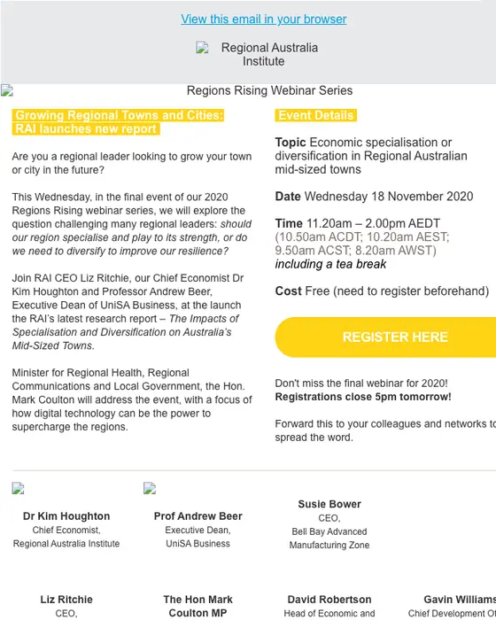 Regional Australia Institute event invite email