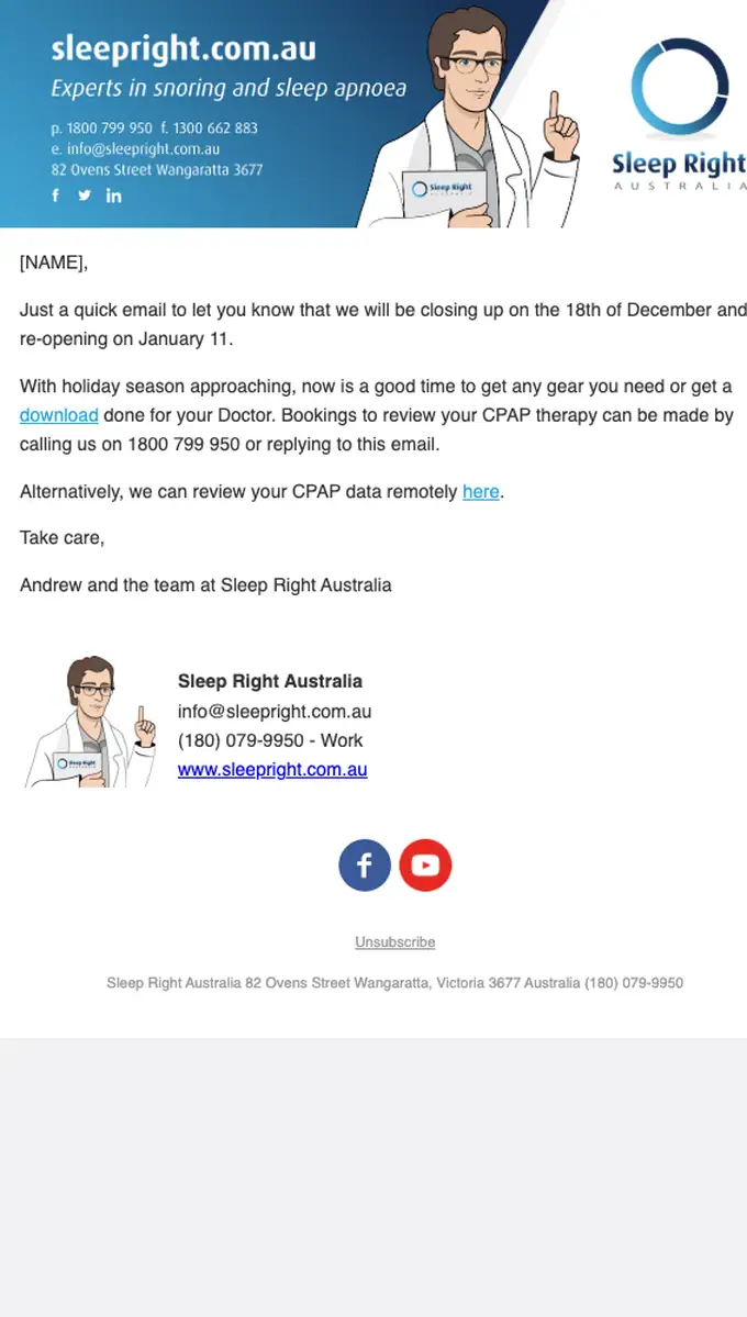 Sleep Right Australia account notice email, full length