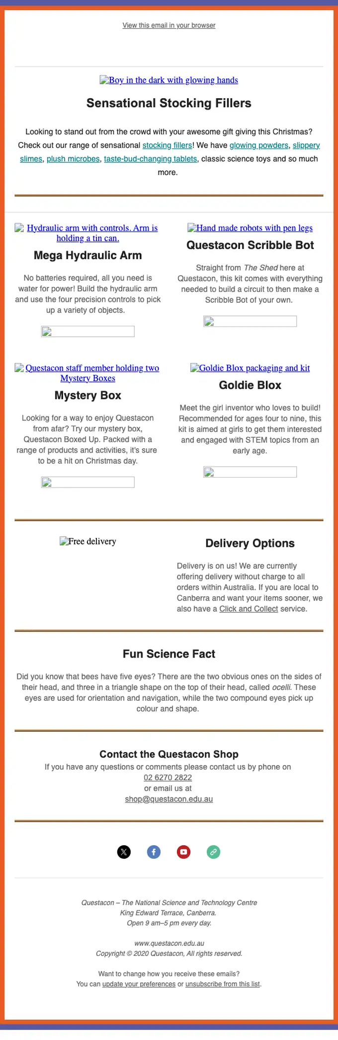 Questacon Shop promotional email, full length