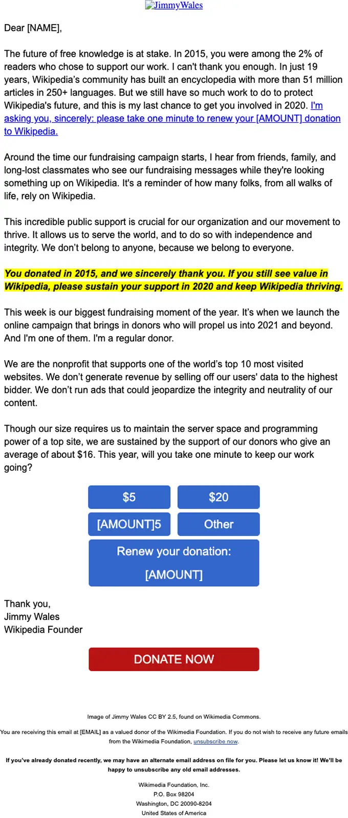 Wikipedia re engagement email, full length
